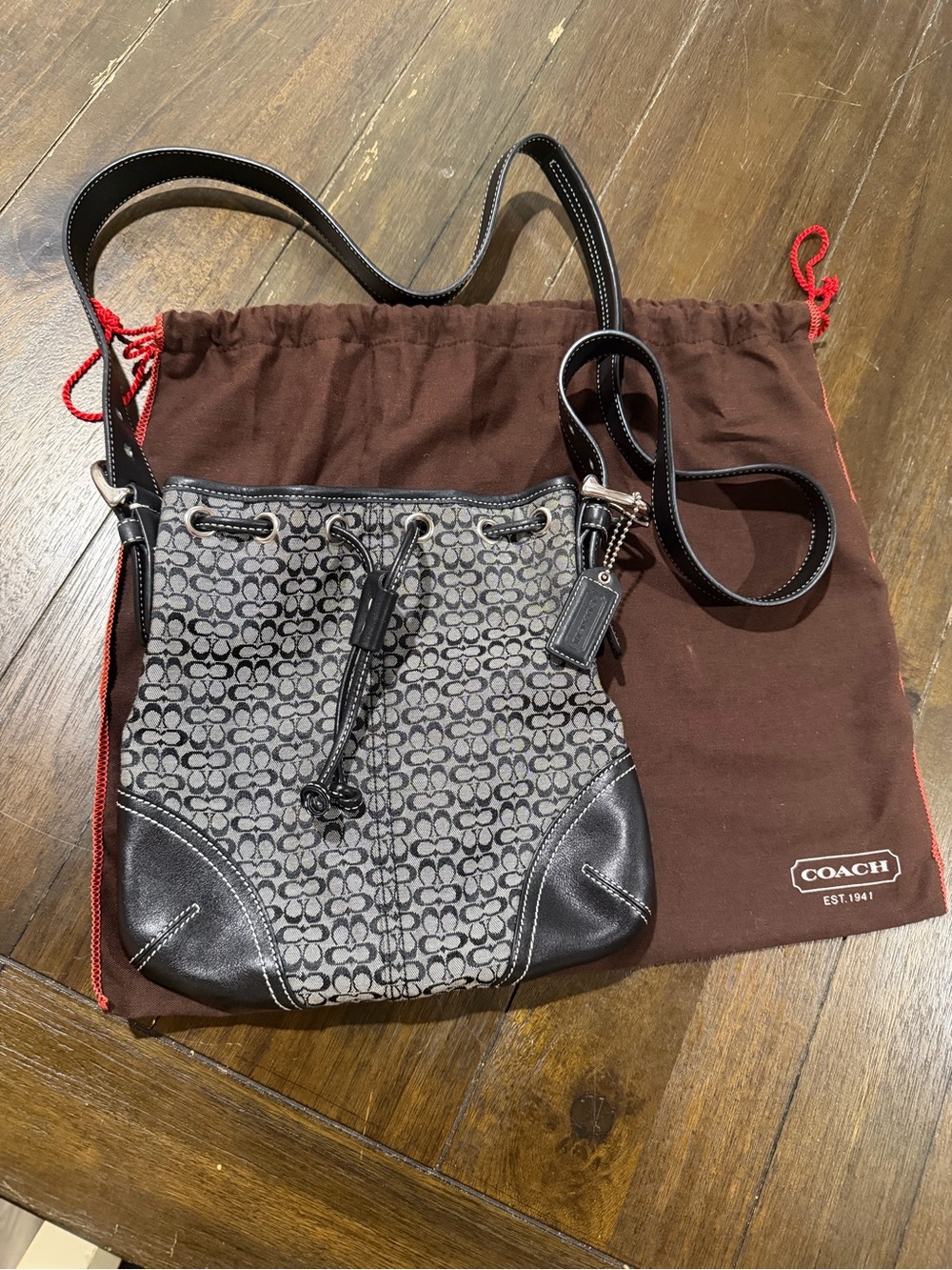Coach Gray/Black Signature Drawstring Crossbody Bag